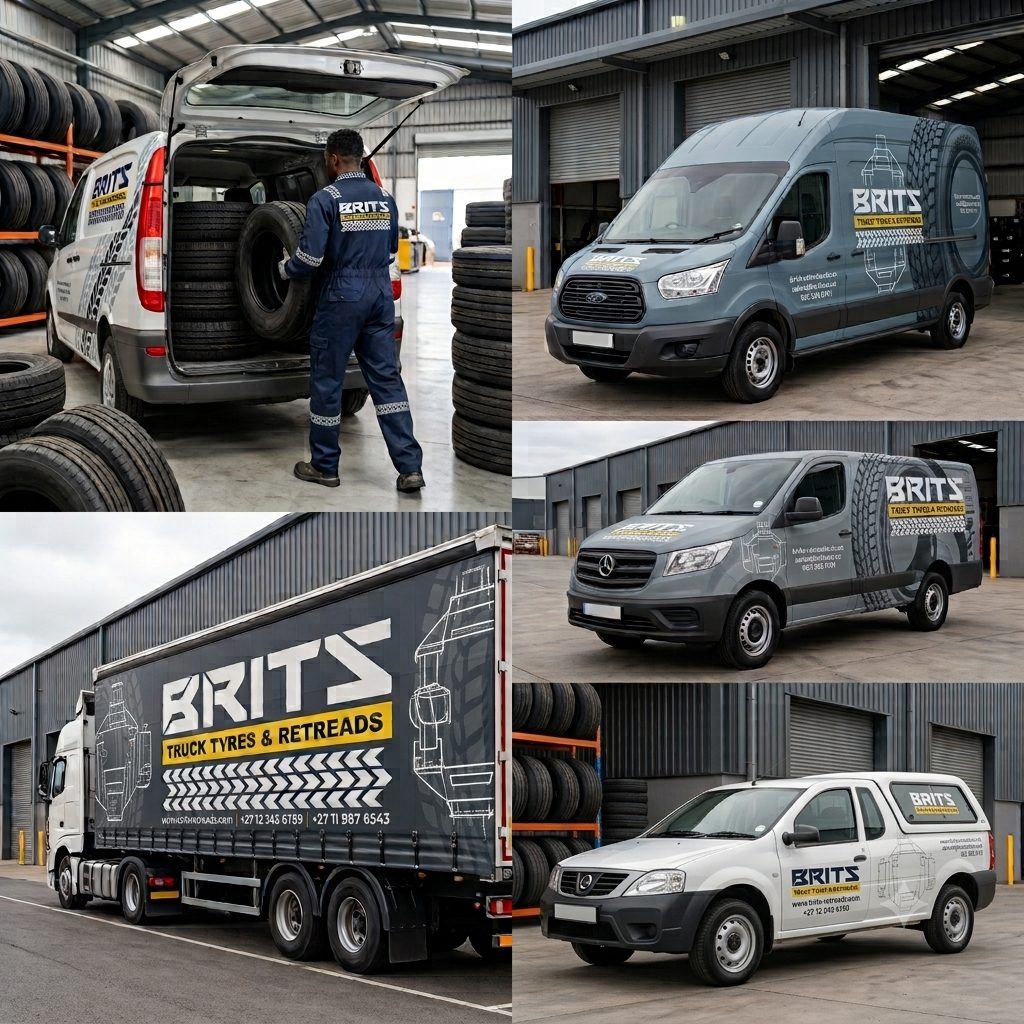 Brits branding applied to a truck trailer, panel vans and a bakkie